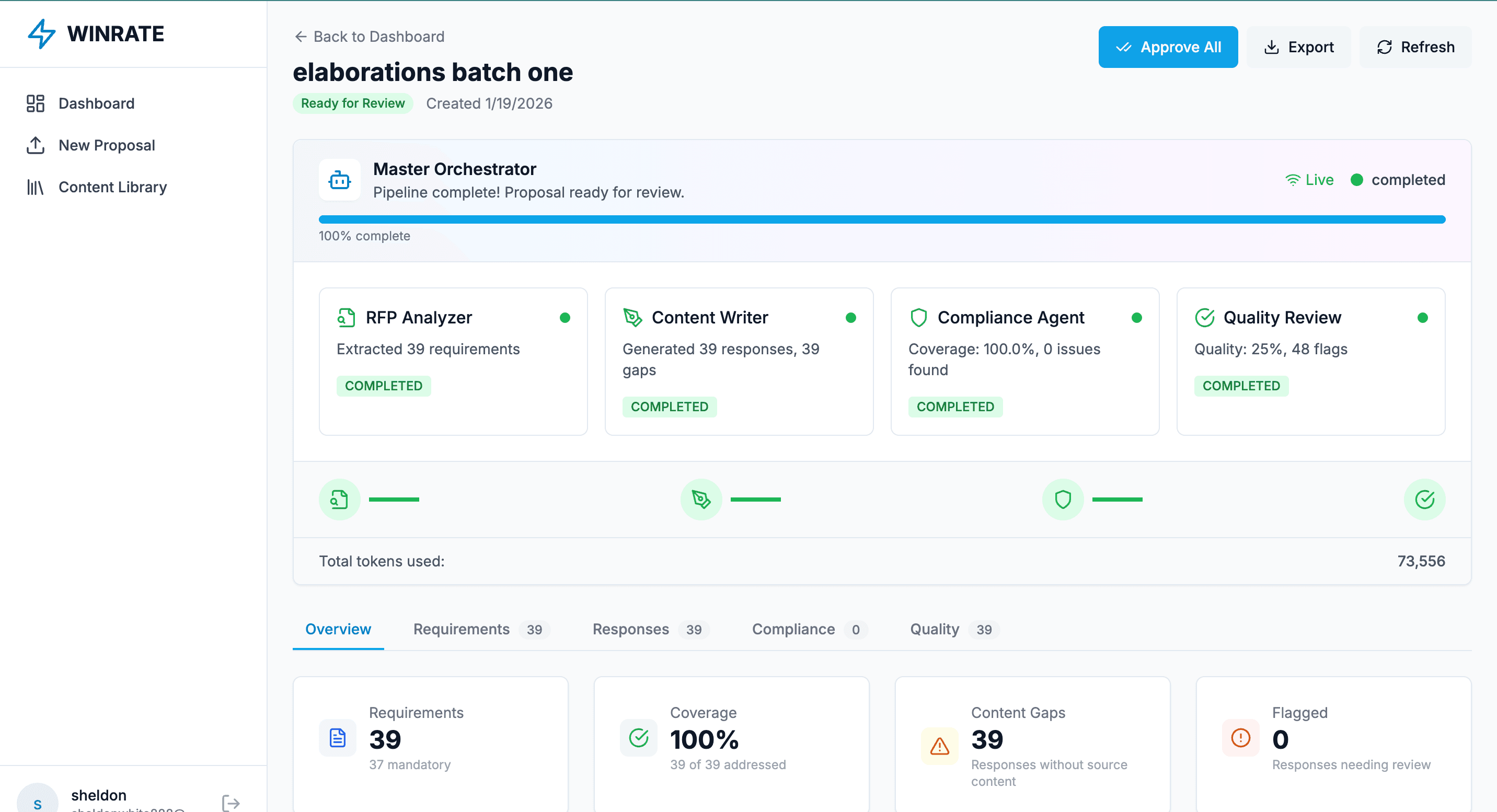Agent pipeline: orchestrator → analyzer → writer → compliance → QA, with per-stage results and token accounting
